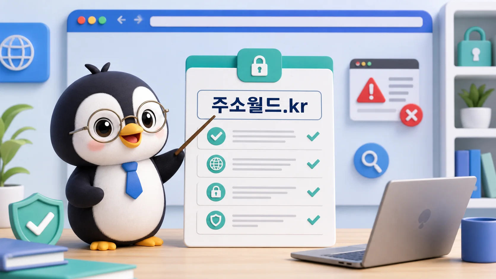 주소월드.kr 공식 도메인 체크리스트 펭귄 이미지